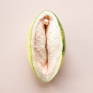 fruit made to look like labia, clitoris, and vagina to show vaginitis