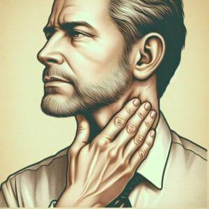 picture of a man touching his neck in the area of his thyroid wondering how to use natural medicine, herbs, diet, and lifestyle to improve his thyroid health